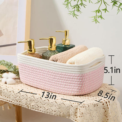 Small Storage Baskets for Organizing | Closet Organizer Bins | Shelf Toy Basket | Woven Rope Baskets | Cube Decorative Box | Shallow Basket | 13x8.5x5.1” | 4 Packs White Pink