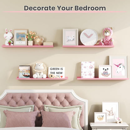upsimples Pink Shelves for Wall, Cute Room Decor for Teen Girls, Bedroom, Living Room, Game Room, 6 Pack 35.5 inch Long Wall Mounted Wood Shelves for Pictures, Toys