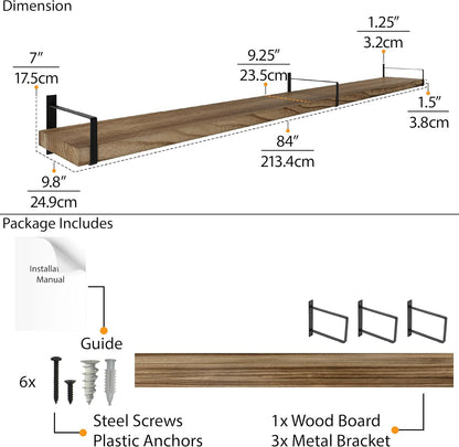 Wallniture Toledo 84 inch Floating Shelf with Heavy Duty Bookend Brackets, Wooden Shelves for Wall, 1pc, Burnt Finish