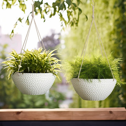 LA JOLIE MUSE Hanging Planters for Outdoor Plants, Large Hanging Planter with Drain Holes, Outdoor Hanging Flower Pots, White Stone, Honeycomb (13.2 Inch, Set of 2)