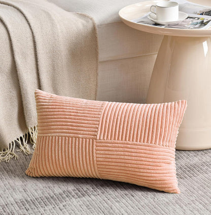 Fancy Homi 2 Packs Peach Lumbar Decorative Throw Pillow Covers 12x20 Inch for Living Room Couch Bed Sofa, Rustic Farmhouse Boho Home Decor, Soft Striped Corduroy Rectangle Accent Cushion Case 30x50 cm