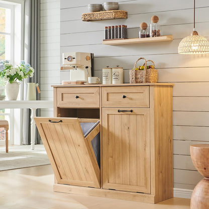 Double Tilt Out Laundry Hamper Cabinet, 20 Gallon Farmhouse Trash Can Cabinet with Drawer, Hidden Wood Garbage Can Bin Cabinets with Laundry Storage Basket for Bathroom, Kitchen (Natural)