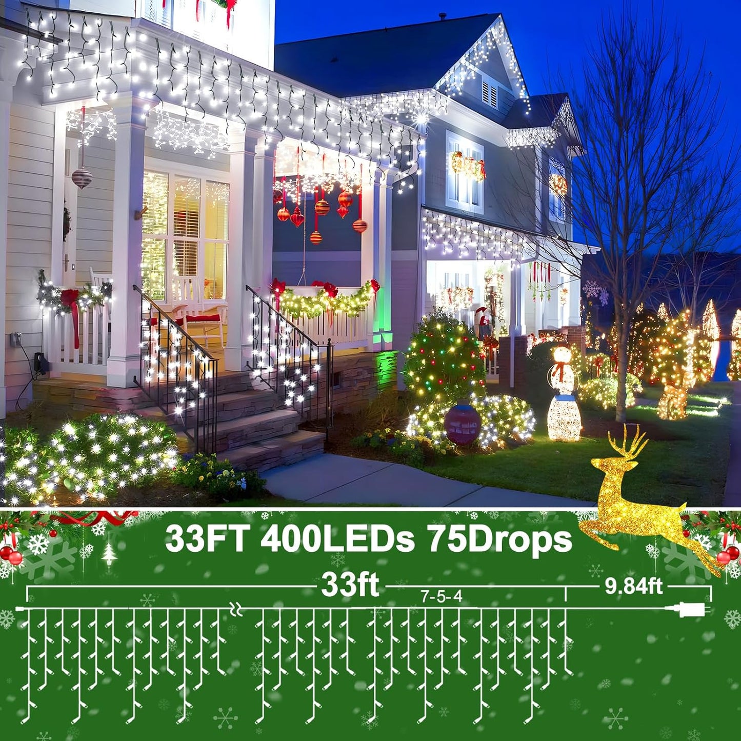 KNONEW 33FT 400 LED Christmas Lights Outdoor Black Wire String Lights with 75 Drops, 8 Lighting Modes, Timer Memory Function Connectable Hanging Curtain Lights for Halloween Party Decor (Cool White)