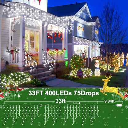KNONEW 33FT 400 LED Christmas Lights Outdoor Black Wire String Lights with 75 Drops, 8 Lighting Modes, Timer Memory Function Connectable Hanging Curtain Lights for Halloween Party Decor (Cool White)