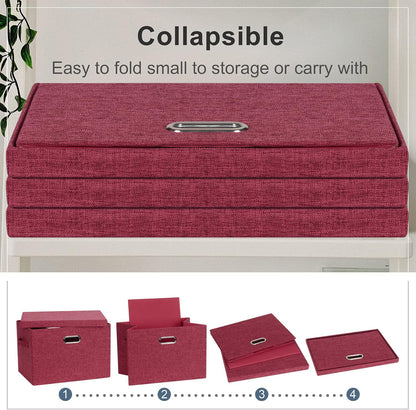 Large 17" 36 Quart Collapsible Stackable Storage Bins with Lids, 3 Packs Bright Red Linen Fabric Closet Boxes with Lids, Storage Cube Baskets Container Organizers for Office (17x12x11)