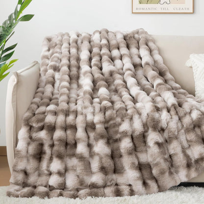 Touchat Luxury 1000GSM Faux Rabbit Fur Throw Blanket, Super Heavy Warm Cozy Grey Blankets for Couch Bed Sofa, Ruched Plush Fuzzy Elegant Soft Reversible Mink Blanket for Living Room Bedroom