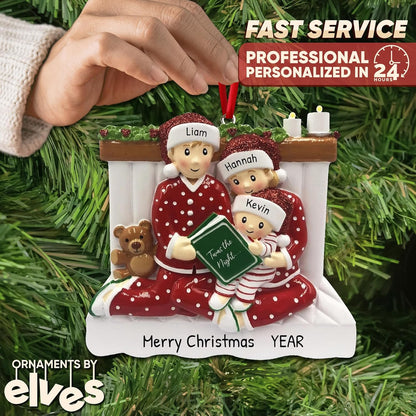 Fireplace Family of 3 Christmas Ornament 2025 Personalized Family Christmas Ornaments 2025 | Bedtime Reading w/Teddy Personalized Tree Ornaments Customizable Gifts Matching Pajamas of Three Ornament
