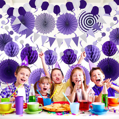 Purple Party Decorations, Birthday Party Supplies Easy Assembly Paper Fan Honeycomb Ball Garland Hanging Swirl for Graduation Birthday Baby Shower Bridal Shower Wedding Party Decorations