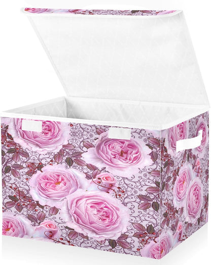 susiyo Beautiful Delicate Pink Roses fabric storage baskets with lids,Collapsible Storage Boxes,Foldable storage boxes with handles for Home,Office,Closet Organization