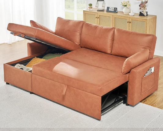 VanAcc Sleeper Sofa, Sofa Bed- 2 in 1 Pull Out Couch Bed with Storage Chaise, Sofa Sleeper Couch for Living Room, Brown Leathaire
