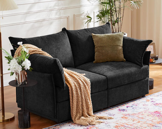 Oversized Loveseat Sofa, Modern Modular Sectional Couch Black Fluffy Chenille Mid Century 2-Seat