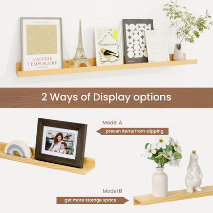 Picture Ledge Shelf, Solid Pine Wood Floating Shelves Set of 2, 32 Inches Nursery Book Shelves for Toys Storage, Kids Bookshelf Wall Mounted for Living Room Bedroom Decor Books Photo Frames, Natural