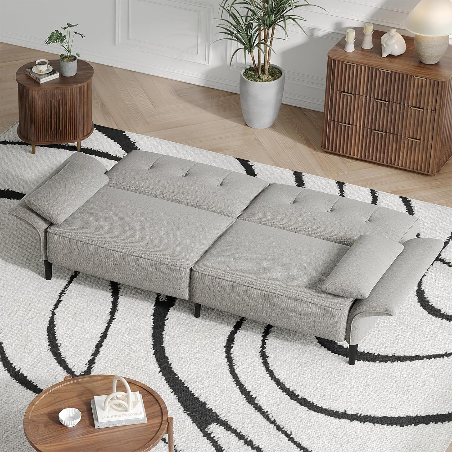 89” Futon Sofa Bed, Linen Comfy Futon Couch Bed with 2 Square Pillows, Convertible Sleeper Sofa with Adjustable Backrest& Armrests, Modern Loveseat Sleeper for Living Room, Bedroom, Light Gray