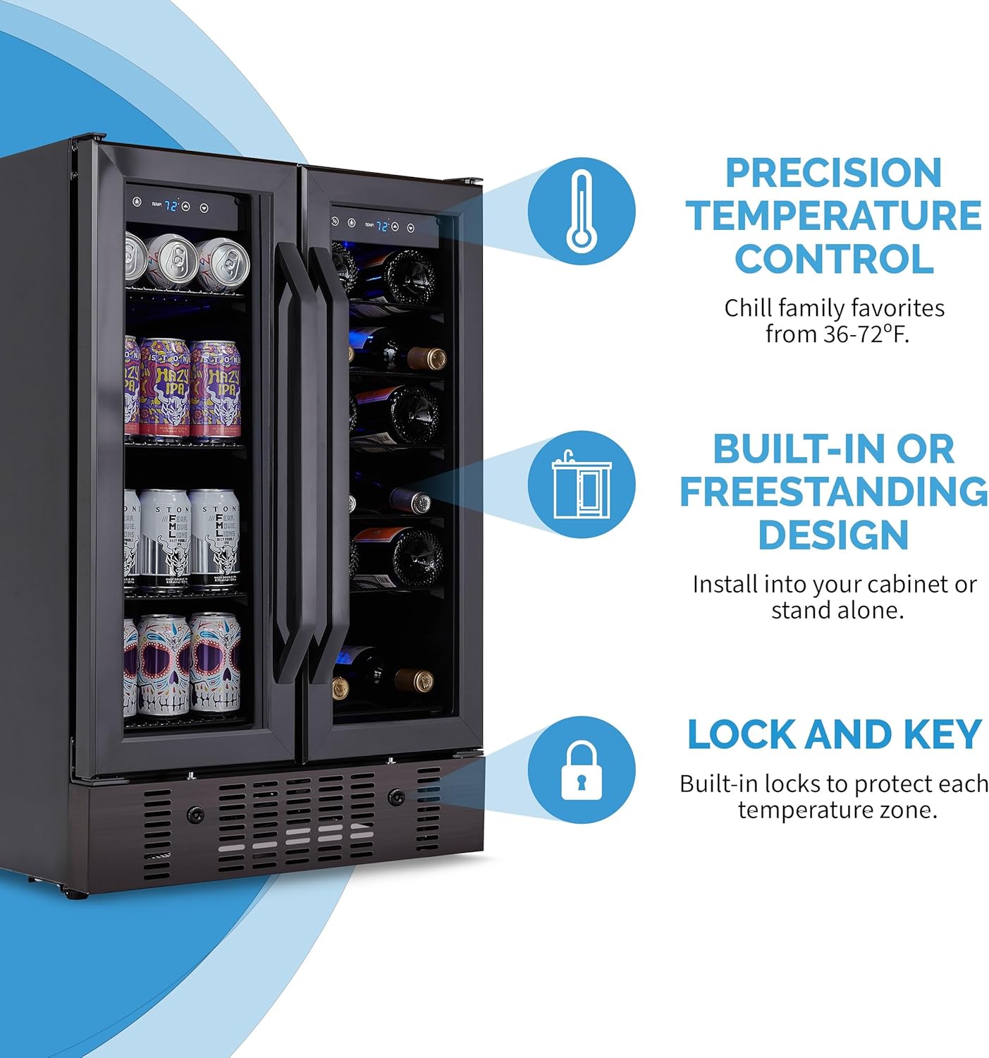 NewAir 24" Dual Zone Wine and Beverage Refrigerator, 18 Bottle & 58 Can, French Door Built-In Fridge with Lock, Black Stainless Steel Cooler, Digital Thermostat, Adjustable Shelves