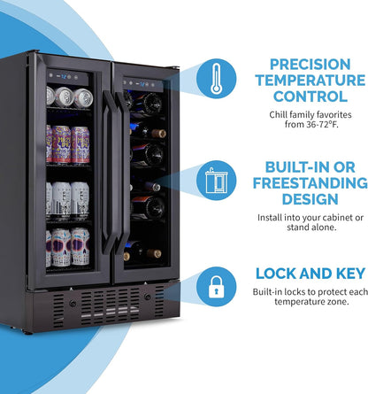 NewAir 24" Dual Zone Wine and Beverage Refrigerator, 18 Bottle & 58 Can, French Door Built-In Fridge with Lock, Black Stainless Steel Cooler, Digital Thermostat, Adjustable Shelves