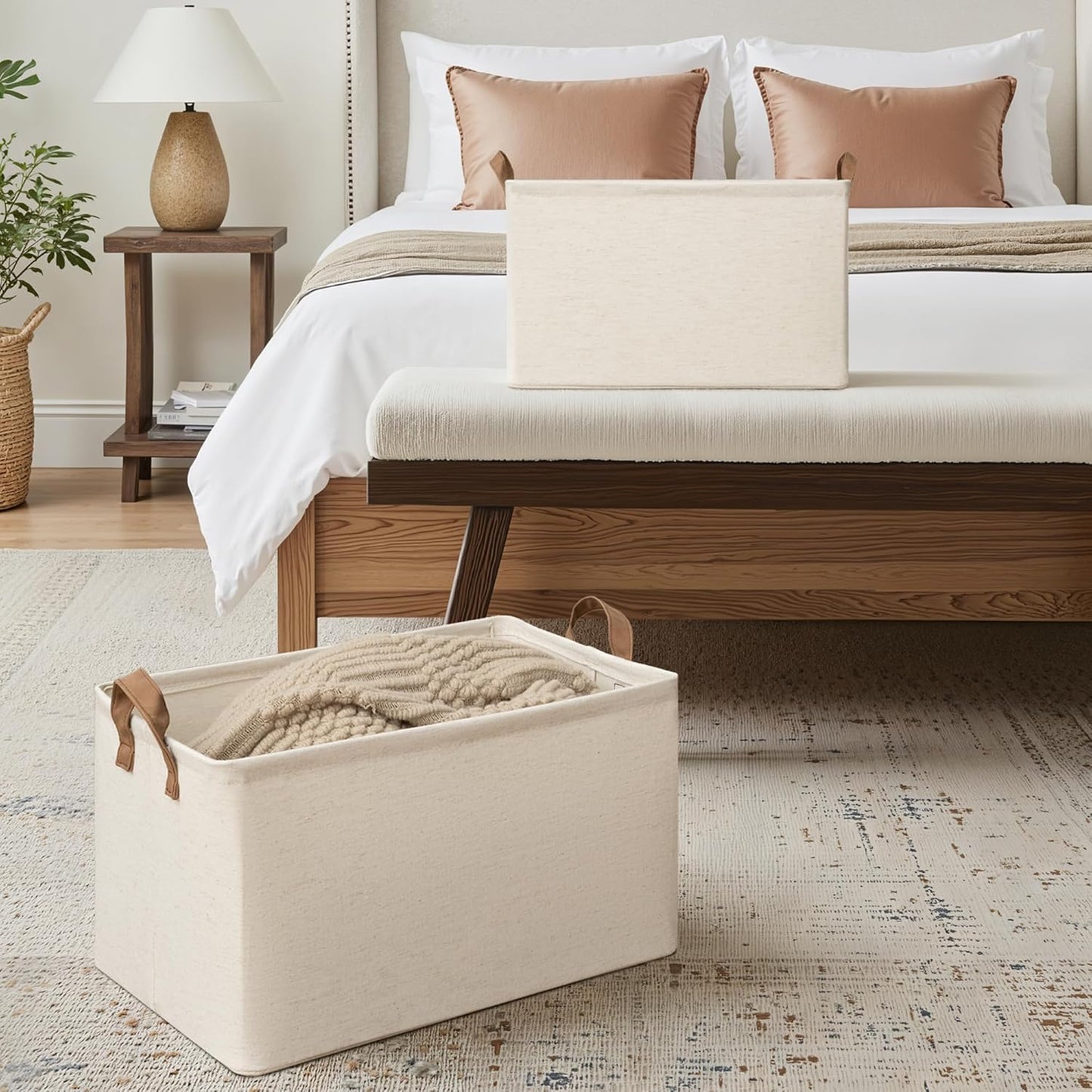 StorageWorks Storage Bins, Shelves Baskets for Organizing, 45L Extra Large Fabric Closet Organizers with Handles, Metal Frame, Beige（Cotton-linen）, 2-Pack