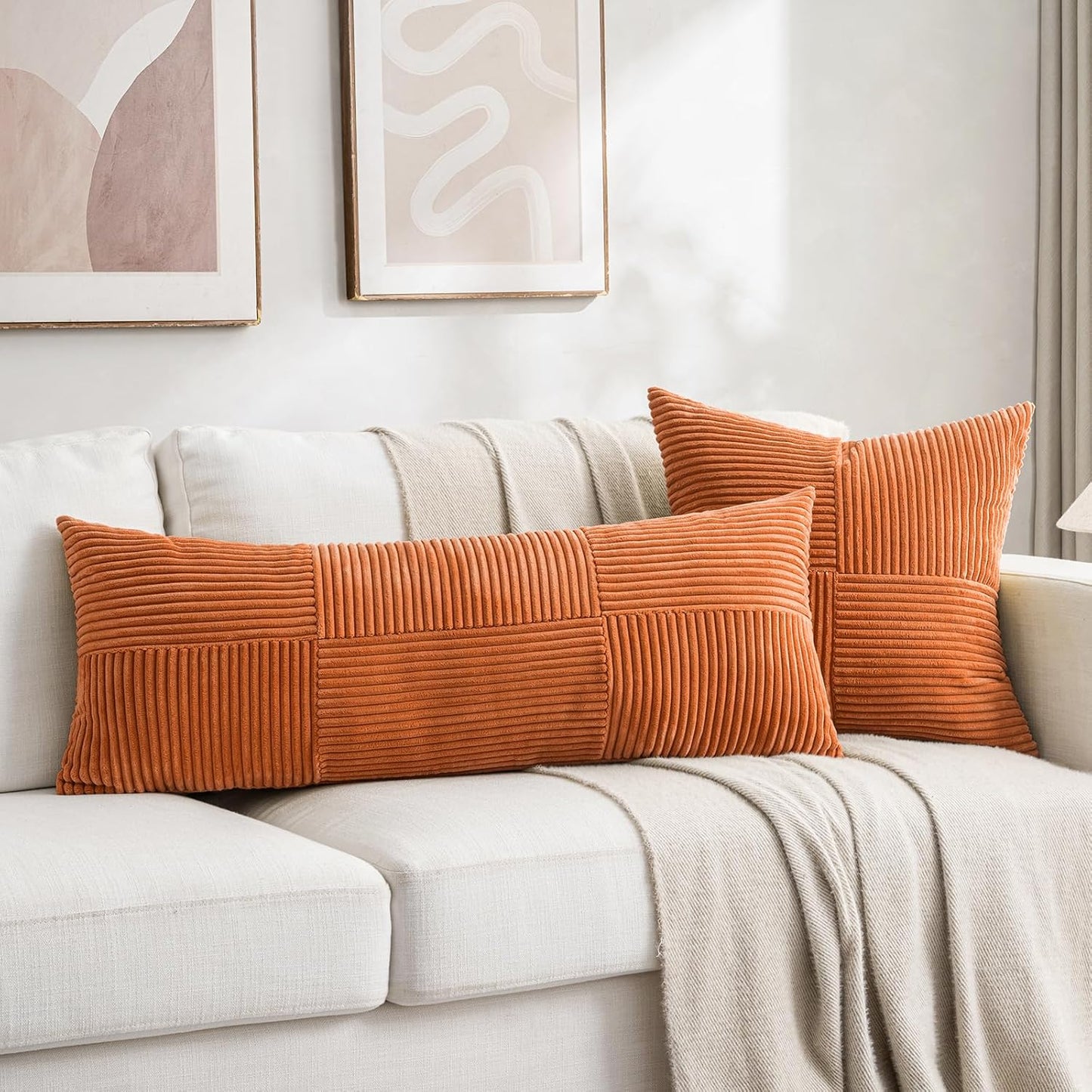 Fancy Homi 2 Packs Orange Fall Decorative Throw Pillow Covers 16x16 Inch for Living Room Couch Bed Sofa, Farmhouse Boho Home Decor, Soft Corss Patchwork Corduroy Textured Square Cushion Case 40x40 cm