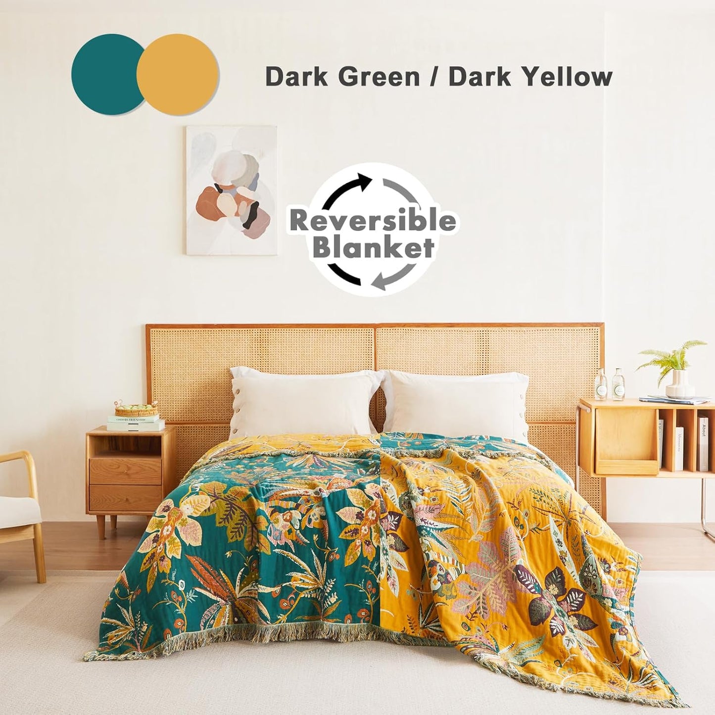 MSGKV Boho Throw Blanket for Bed Twin Size Cotton Muslin Breathable Floral Blanket 60"x80" Sofa Couch Blankets for All Seasons Lightweight Farmhouse Blankets Boho Home Decor