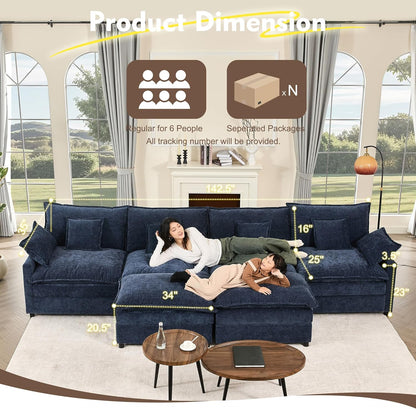142.5" U Shaped Couch, Modular Sectional Sofa, 3-Seater Comfy Cloud Couch with Movable Ottoman, Deep Seat Couches for Living Room, Chenille, Navy