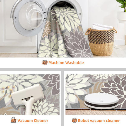 Indoor Outdoor Area Rug Washable Multicolored Patio Rug Tropical Botanical Modern Floral Indoor Outdoor Carpet Brown White Rug Non Slip Non Shedding for Patio, Deck, Backyard, Porch (9x12)