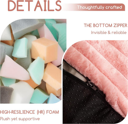 HIGOGOGO Round Stuffed Pouf Ottoman, Stripe Faux Fur Poufs with Foam Chunk Filling, Furry and Fluffy Pouf Foot Stool Storage Ottoman, 26 X 18 Floor Poufs Foot Rest for Living Room, Pink