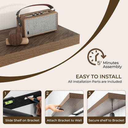 RICHFOCUS 48Inch Floating Shelves for Wall 1 Pack Shelves for Bedroom|Kitchen|Bathroom Wall Mounted Rustic Wood Floating Shelf with Invisible Brackets for Books|Storage|Decor, Walnut