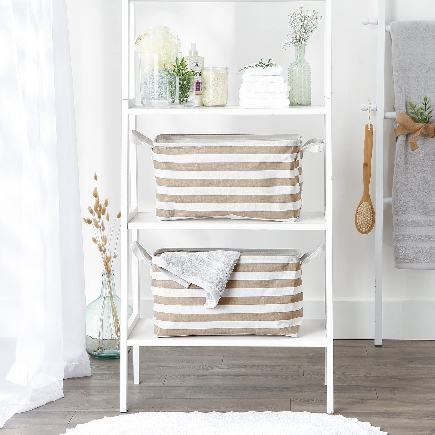 DII Laundry Storage Collection, PE Coated Collapsible Bin with Handles, Stone Stripe, Large Set