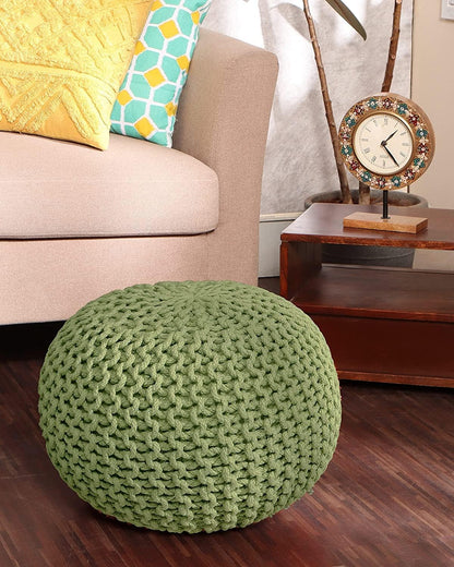 REDEARTH Round Pouf Foot Stool Ottoman - Cotton Knitted Cord Boho Pouffe - Cable Poof Filled Footrest Stuffed for Living Room - Nursery - Bedroom - Patio - Lounge (19.5"x19.5"x14") - Kiwi