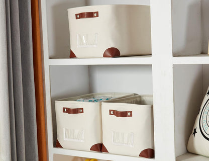DECOMOMO White Storage Bins Fabric Storage Baskets for Shelves & Linen Closet Organization (Creamy White W/Label holder, Large - 3 Pack)