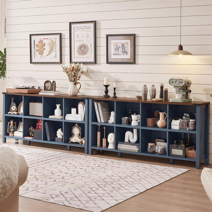 8 Cube Book Shelf, Farmhouse Wood Long Storage Organizer Bookcase, 62" Horizontal Navy Blue Console Closet Bookshelf, Hallway TV Stand for Entryway, Display Cabinet Book Case for Living Room