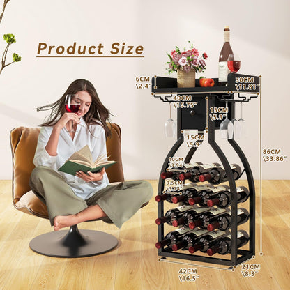 IBUYKE Wine Rack Freestanding Floor,Wine Storage 15 Bottles Bottle Rack with Glass Holders, Mini Bar Wine Cabinet with Storage Drawer for Home Bar Kitchen Dining Room,Black,UTMJ908B
