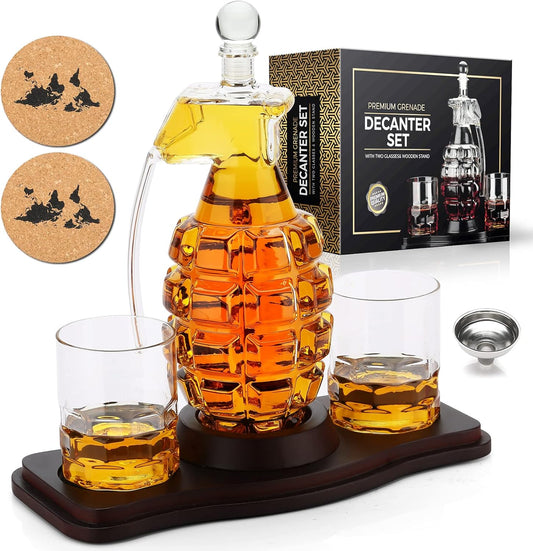 Whiskey Decanter Set Grenade Shaped Liquor Decanter Set with 2 Glasses - Scotch Bourbon Drinking