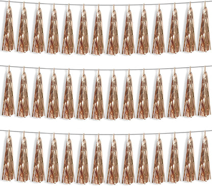 3P Champagne Gold Foil Fringe Metallic Tassel Streamers Banner Tassel Garland for Parade Floats, Bachelorette, Wedding, Birthday, Halloween, Christmas, Bridal/Baby Shower Party Decorations