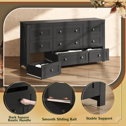 WLIVE Farmhouse Dresser for Bedroom, 63" Wide 9 Drawer Dresser Storage Organizer, Wood Chest of Drawers for Bedroom, TV Stand for 70 inch TV, for Living Room, Hallway, Ball Bearing Slide (Black)