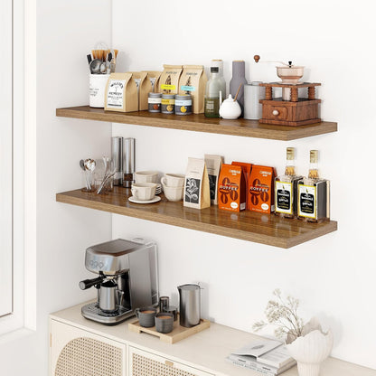 48" Floating Shelves for Wall, 12" Deep Slim Walnut Floating Shelves, Wall-Mounted Shelves for Bedroom, Living Room, Kitchen, Bathroom - Set of 2