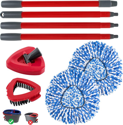 Spin Mop Head,Mop Handle,Base,Brush Compatible with Ocedar RinseClean 2 Tank Spin Mop System,2 Microfiber Spin Mops Replacement Head,4 Section Iron Mop Handle 30-58",Base and Scrub Brush Combo Set