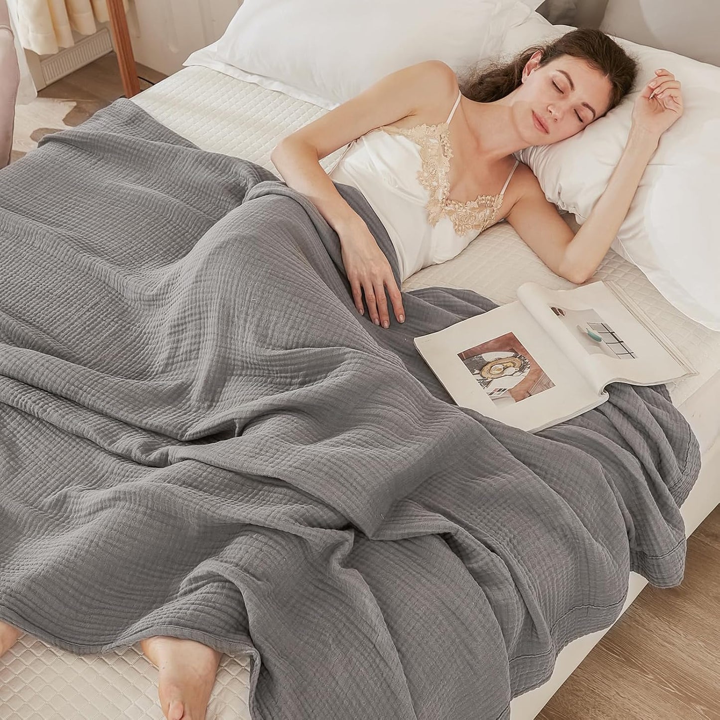 EMME Cotton Muslin Blanket King Size - Soft, Breathable Layering Blanket, 108"x90", All Season Gauze, Grey