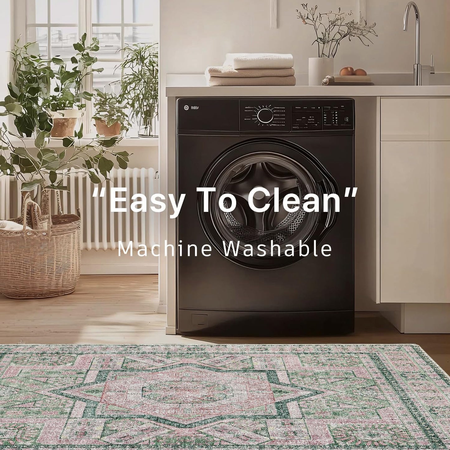 DCX Washable 8x10 Area Rug, Soft Machine Washable Non Slip with Rubber Backing Vintage Rug, Kid & Pet Friendly Living Room Area Rugs 8x10, Foldable Rugs for Bedroom Dining Room Office-Pink & Green