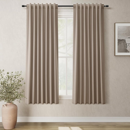 BOODII 63 Inch Blackout Curtains Linen Black Out Curtains for Bedroom 2 Panels Set Neutral Room Darkening Curtain Light Brown Thermal Insulated Curtain for Nursery Window Drapes Back Tab 52x63