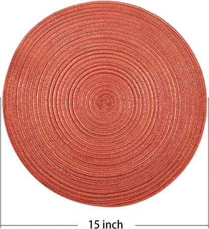AHHFSMEI Round Braided Placemats Set of 6 Round Table Mats for Dining Tables Natural Woven Heat Resistant Place mats 15 Inch (Dark Orange)