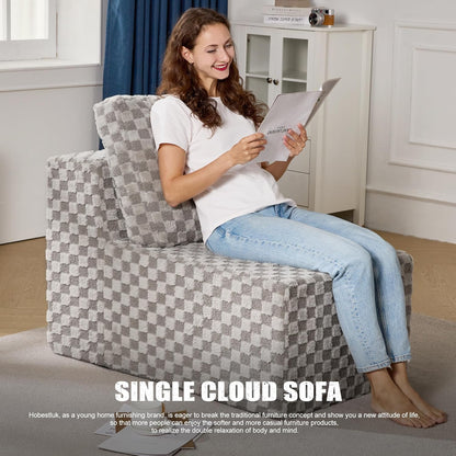 Single Sofa 1 Seat Couch with Deep Seat Memory Foam Cloud Chair with Pillows Large Sofa with L Shape for Living Room Bedroom (Plush Grey, Single)