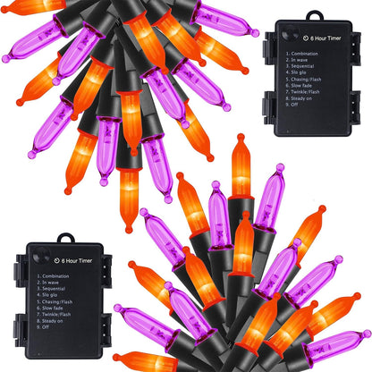 WATERGLIDE 2 Pack 50 LED Outdoor Halloween Lights, 16 FT Mini String Light with 8 Modes, Waterproof Battery Operated Tree Lights for Indoor Outdoor Patio Garden Party Decoration, Orange & Purple