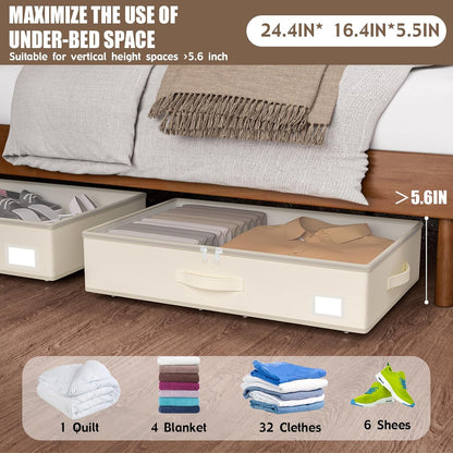 Under Bed Storage with Wheels, No Assemble Required 5.5 inches height beige under bed storage bins,Low Profile Rolling Under bed Shoe Storage containers，dorm under bed storage drawers