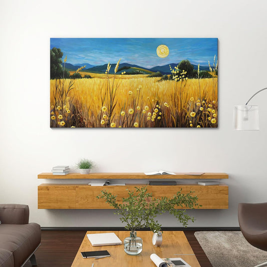 AJAZIKO Landscape Wall Art Moon Framed Canvas Wall Art Large Yellow Living Room Wall Decor Fall Paintings for Bedroom Nature Office Artwork 24×48IN