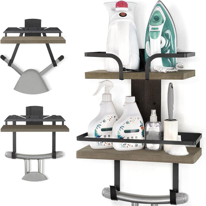 VINAEMO Ironing Board Hanger Wall Mount, 2-Layer Iron and Ironing Board Holder, Laundry Room Shelves Solid Wood with Removable Hooks Home Organization and Storage
