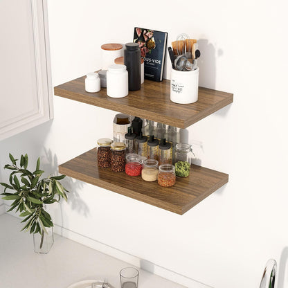 24" Floating Shelves for Wall, 12" Deep Slim Walnut Floating Shelves, Wall-Mounted Shelves for Bedroom, Living Room, Kitchen, Bathroom - Set of 2
