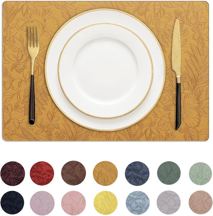 Romanstile Vinyl Placemats Set of 6-12 X 18 Inch - Heat Resistant Non-Slip Embossed Floral Place Mats 100% Waterproof Oilproof Wipeable Faux Leather Table Mats for Kitchen/Dining/Party, Gold