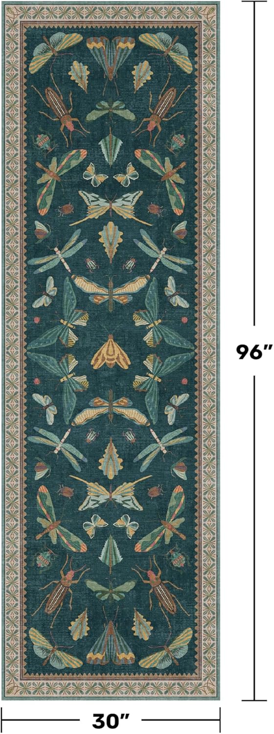 Wide Runner Rug for Hallway 2'6"x8' - Green Runner Rug for Kitchen, Hall Way, Washable Foldable Boho Insect Deor