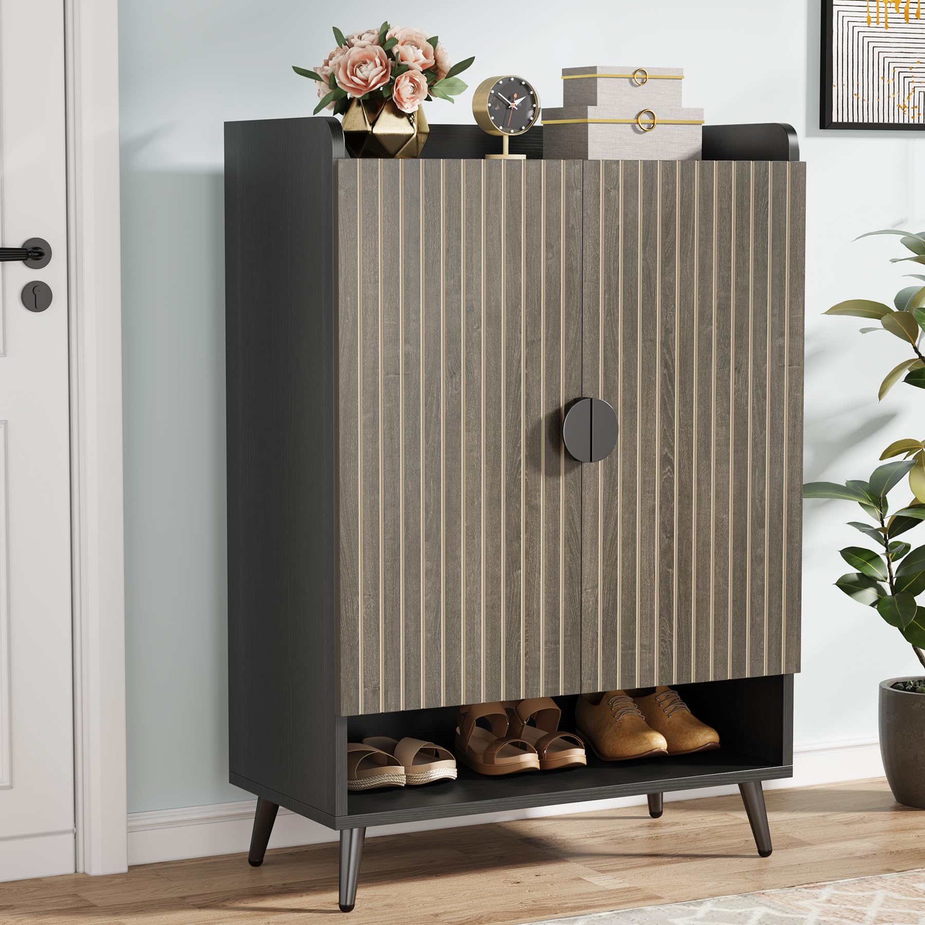 Tribesigns Shoe Cabinet with Doors, 7-Tier Shoe Storage Cabinet with Adjustable Shelves, Wooden