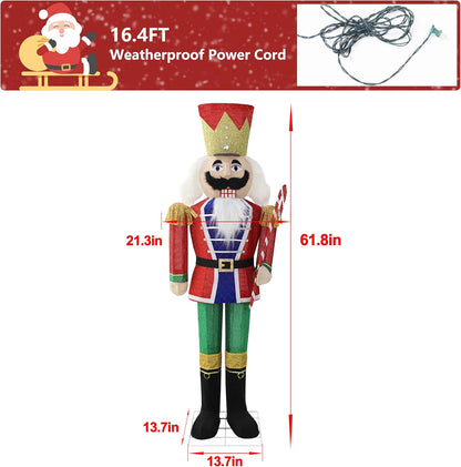 5FT Lighted Nutcracker with Candy Cane for Christmas Decoration, 3D Pre-Lit Iridescent Soldier Xmas Decor with 100 Warm White Lights, Glittered Standing Holiday Display for Outdoor, Indoor